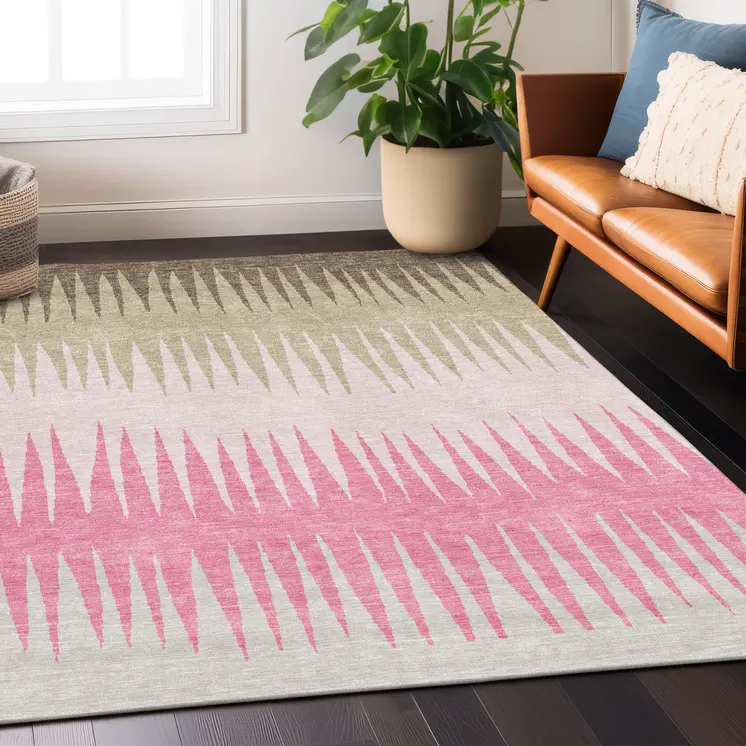 3' X 5' Pink Ivory And Brown Striped Washable Indoor Outdoor Area Rug
