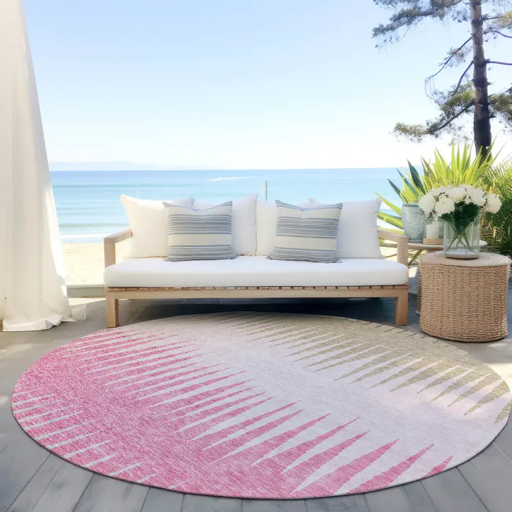 8' Pink Ivory And Brown Round Striped Washable Indoor Outdoor Area Rug