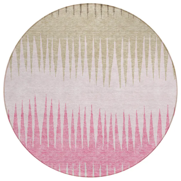 8' Pink Ivory And Brown Round Striped Washable Indoor Outdoor Area Rug