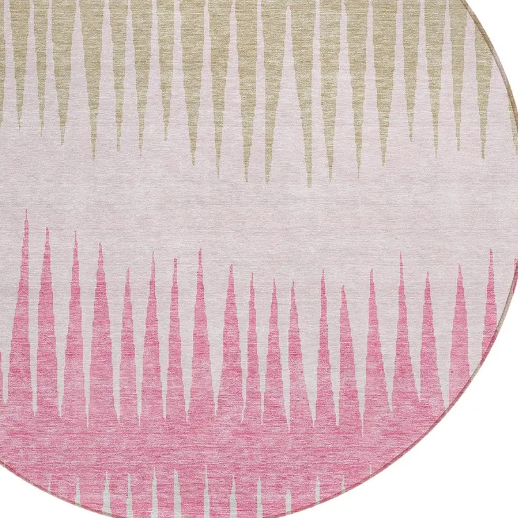 8' Pink Ivory And Brown Round Striped Washable Indoor Outdoor Area Rug