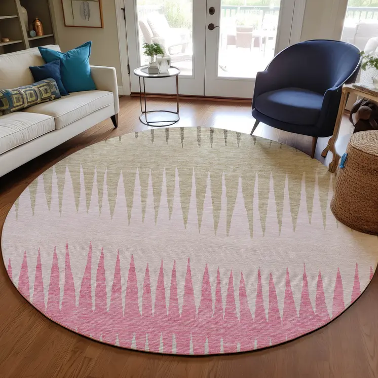 8' Pink Ivory And Brown Round Striped Washable Indoor Outdoor Area Rug
