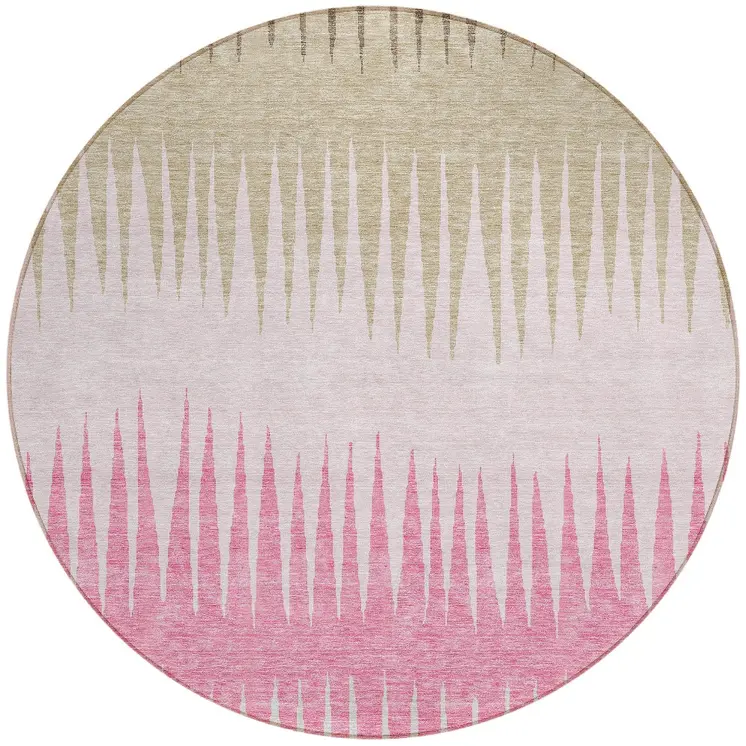 8' Pink Ivory And Brown Round Striped Washable Indoor Outdoor Area Rug