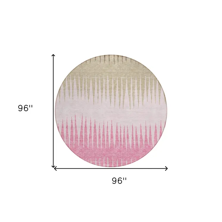 8' Pink Ivory And Brown Round Striped Washable Indoor Outdoor Area Rug