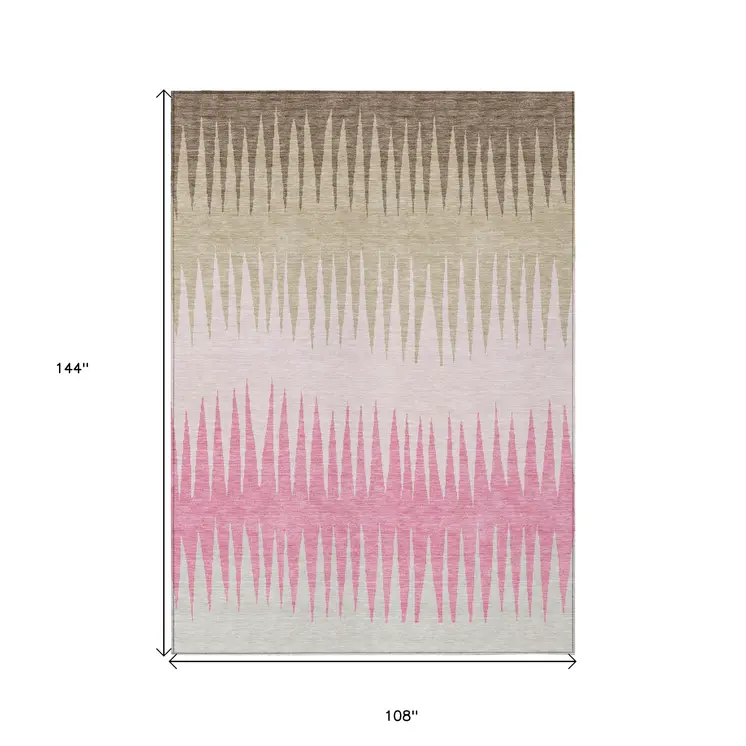 9' X 12' Pink Ivory And Brown Striped Washable Indoor Outdoor Area Rug