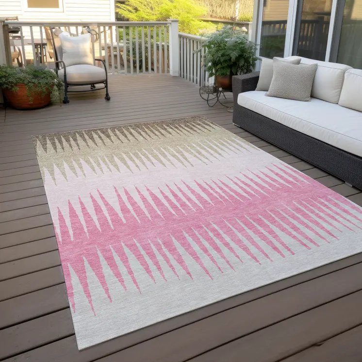 9' X 12' Pink Ivory And Brown Striped Washable Indoor Outdoor Area Rug