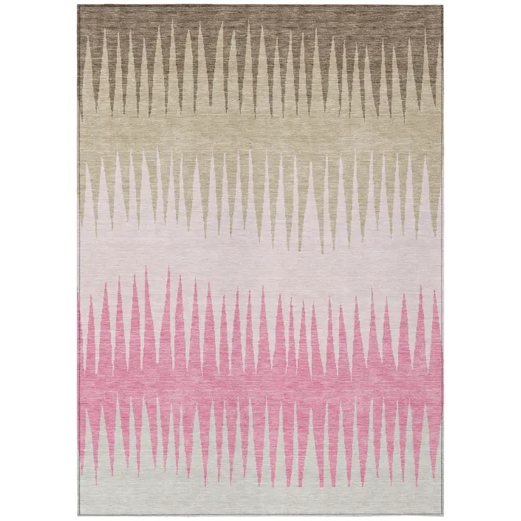 9' X 12' Pink Ivory And Brown Striped Washable Indoor Outdoor Area Rug