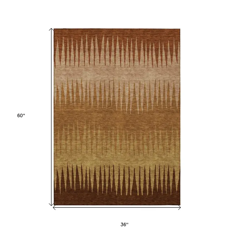 3' X 5' Copper Beige And Brown Striped Washable Indoor Outdoor Area Rug