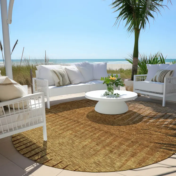 8' Copper Beige And Brown Round Striped Washable Indoor Outdoor Area Rug
