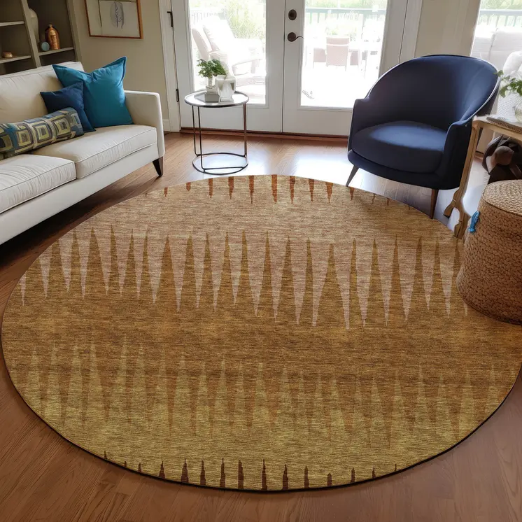 8' Copper Beige And Brown Round Striped Washable Indoor Outdoor Area Rug