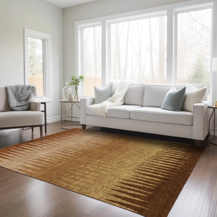 9' X 12' Copper Beige And Brown Striped Washable Indoor Outdoor Area Rug