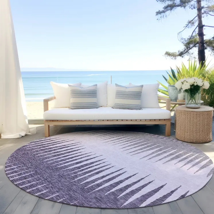 8' Purple Lavender And Gray Round Striped Washable Indoor Outdoor Area Rug