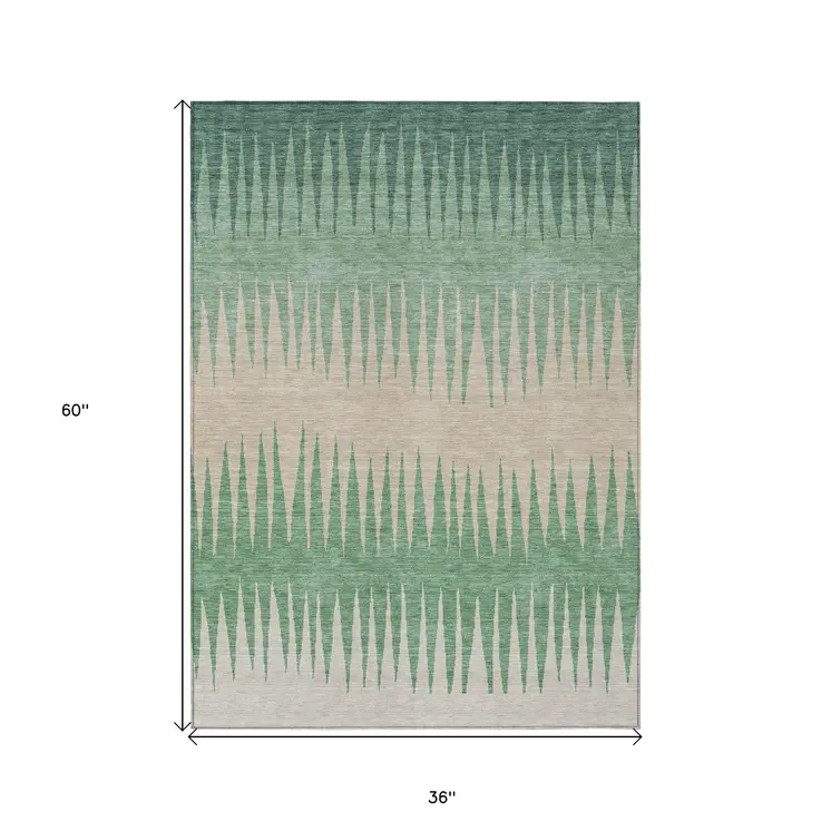 3' X 5' Sage And Gray Striped Washable Indoor Outdoor Area Rug