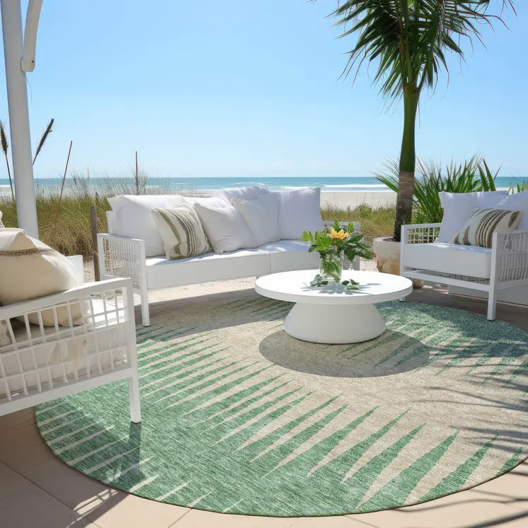 8' Sage And Gray Round Striped Washable Indoor Outdoor Area Rug