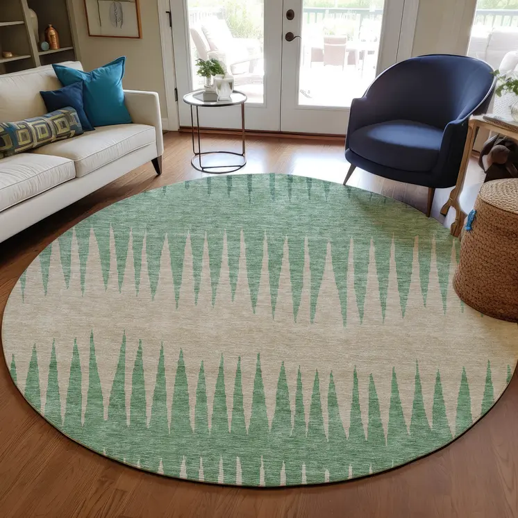 8' Sage And Gray Round Striped Washable Indoor Outdoor Area Rug