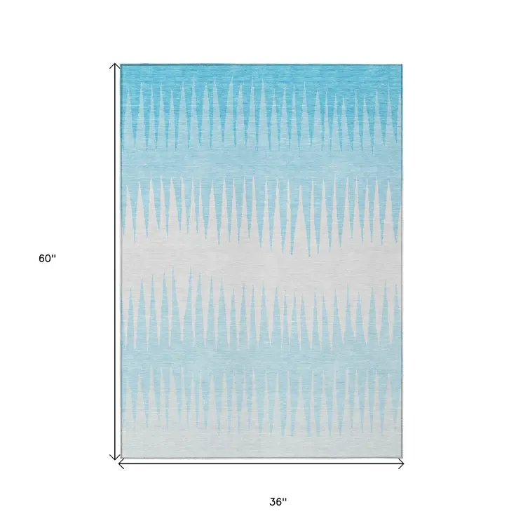 3' X 5' Sky Blue And Gray Striped Washable Indoor Outdoor Area Rug