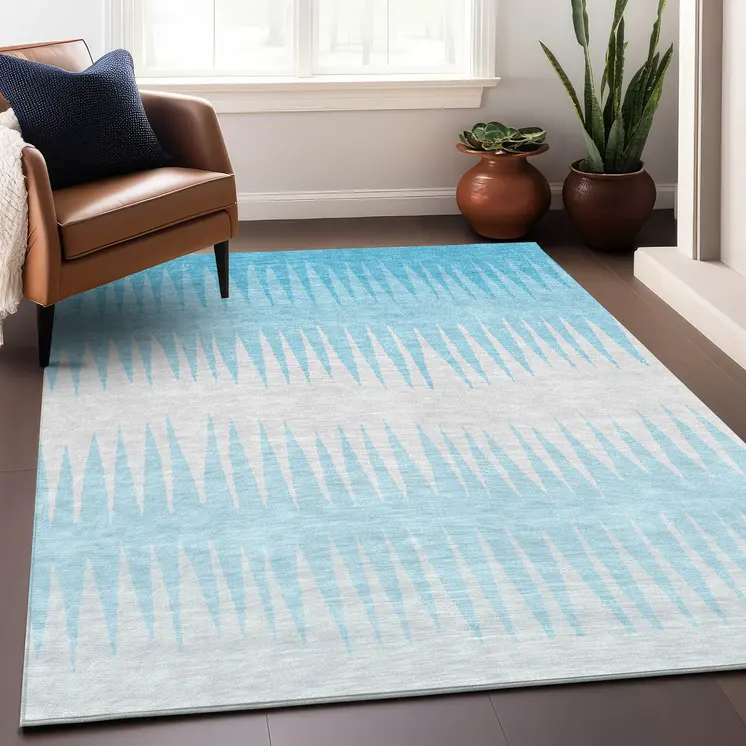 3' X 5' Sky Blue And Gray Striped Washable Indoor Outdoor Area Rug
