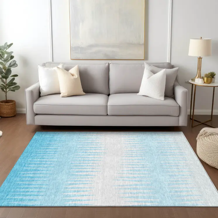 3' X 5' Sky Blue And Gray Striped Washable Indoor Outdoor Area Rug