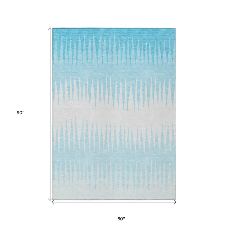 5' X 8' Sky Blue And Gray Striped Washable Indoor Outdoor Area Rug