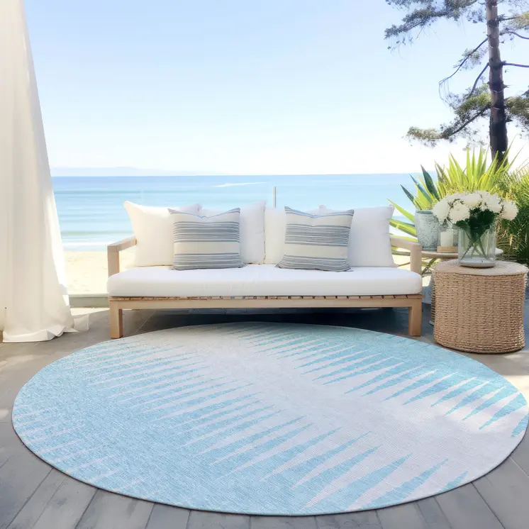 8' Sky Blue And Gray Round Striped Washable Indoor Outdoor Area Rug