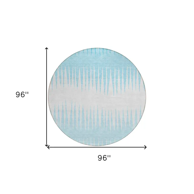 8' Sky Blue And Gray Round Striped Washable Indoor Outdoor Area Rug