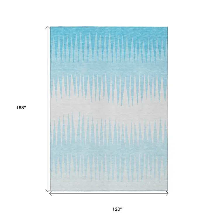 10' X 14' Sky Blue And Gray Striped Washable Indoor Outdoor Area Rug