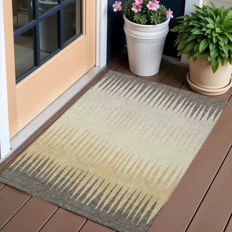 3' X 5' Taupe Beige And Gray Striped Washable Indoor Outdoor Area Rug