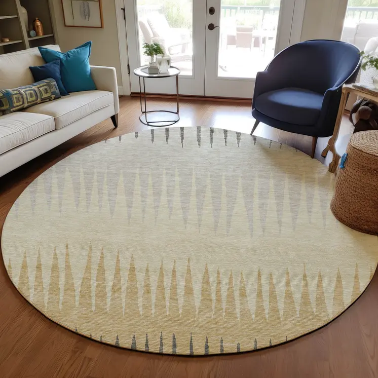 8' Taupe Beige And Gray Round Striped Washable Indoor Outdoor Area Rug