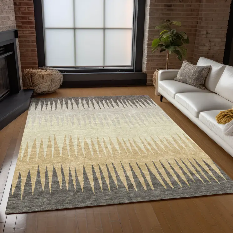 9' X 12' Taupe Beige And Gray Striped Washable Indoor Outdoor Area Rug