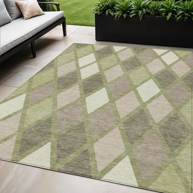 5' X 8' Artichoke Green Beige And Ivory Geometric Washable Indoor Outdoor Area Rug