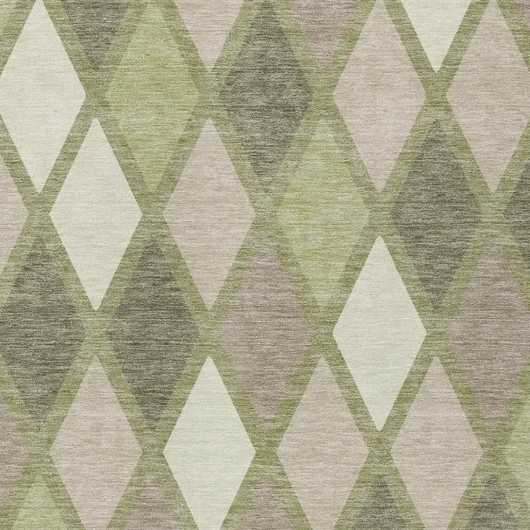 5' X 8' Artichoke Green Beige And Ivory Geometric Washable Indoor Outdoor Area Rug