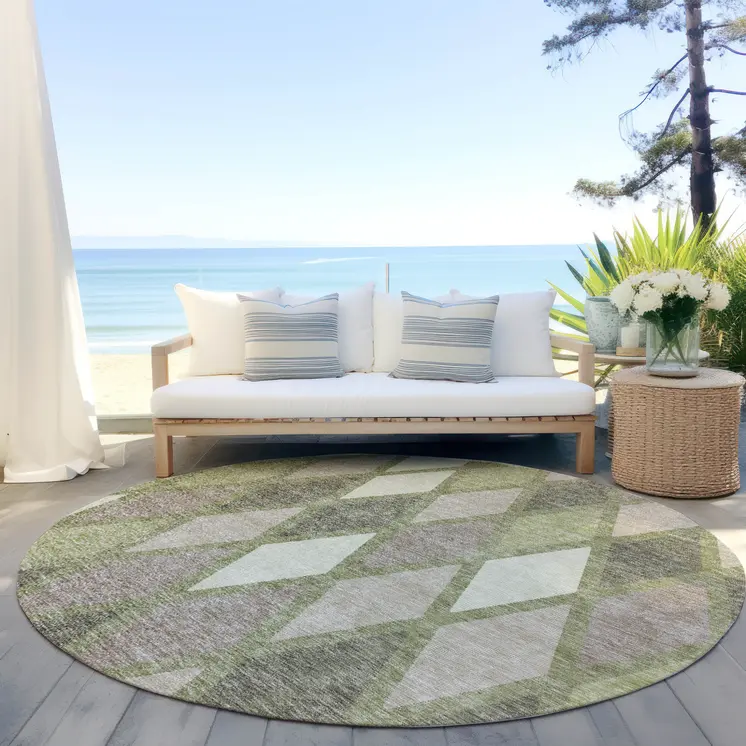 8' Artichoke Green Beige And Ivory Round Geometric Washable Indoor Outdoor Area Rug