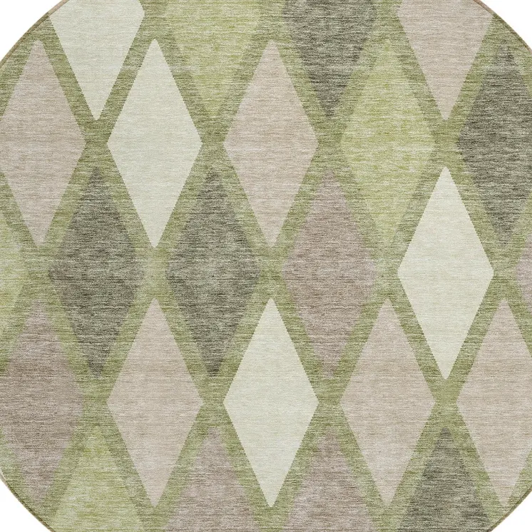 8' Artichoke Green Beige And Ivory Round Geometric Washable Indoor Outdoor Area Rug