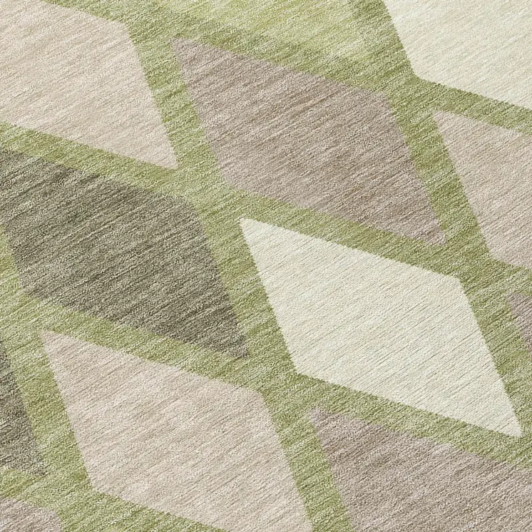 8' Artichoke Green Beige And Ivory Round Geometric Washable Indoor Outdoor Area Rug