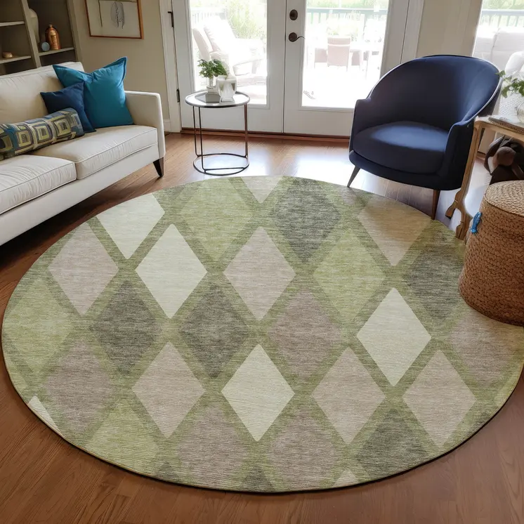 8' Artichoke Green Beige And Ivory Round Geometric Washable Indoor Outdoor Area Rug
