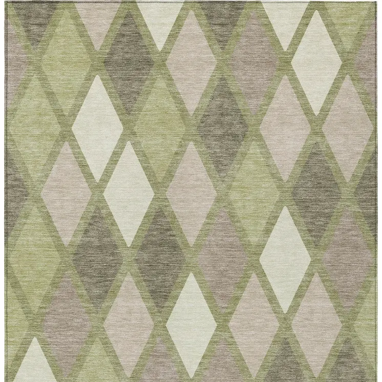 8' X 10' Artichoke Green Beige And Ivory Geometric Washable Indoor Outdoor Area Rug
