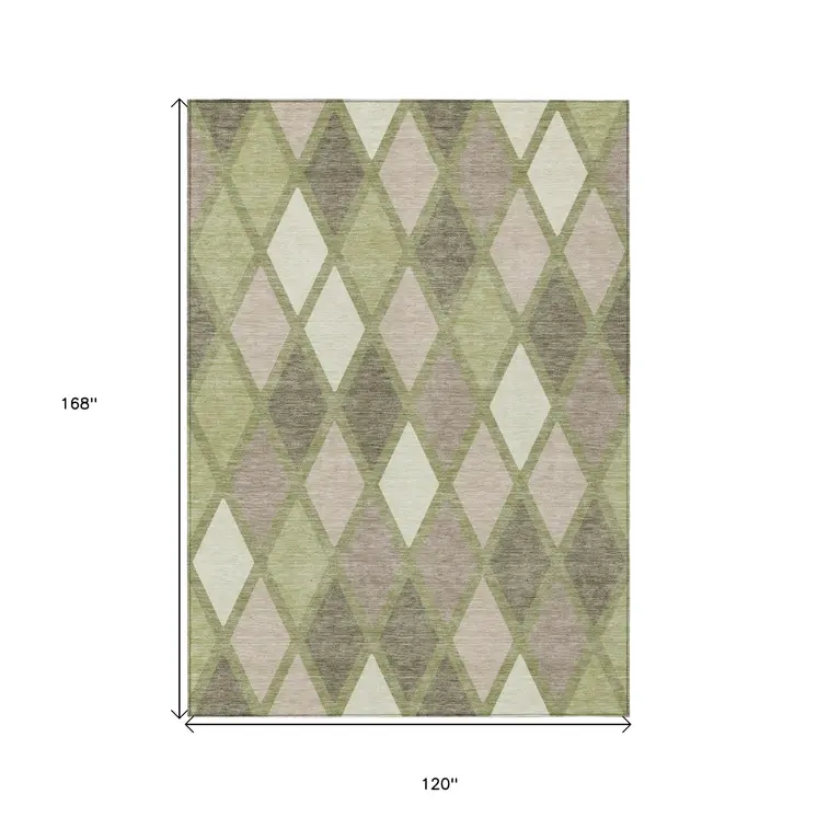 10' X 14' Artichoke Green Beige And Ivory Geometric Washable Indoor Outdoor Area Rug
