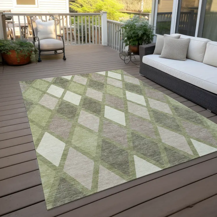 10' X 14' Artichoke Green Beige And Ivory Geometric Washable Indoor Outdoor Area Rug