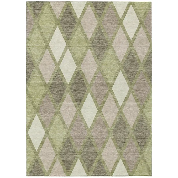 10' X 14' Artichoke Green Beige And Ivory Geometric Washable Indoor Outdoor Area Rug