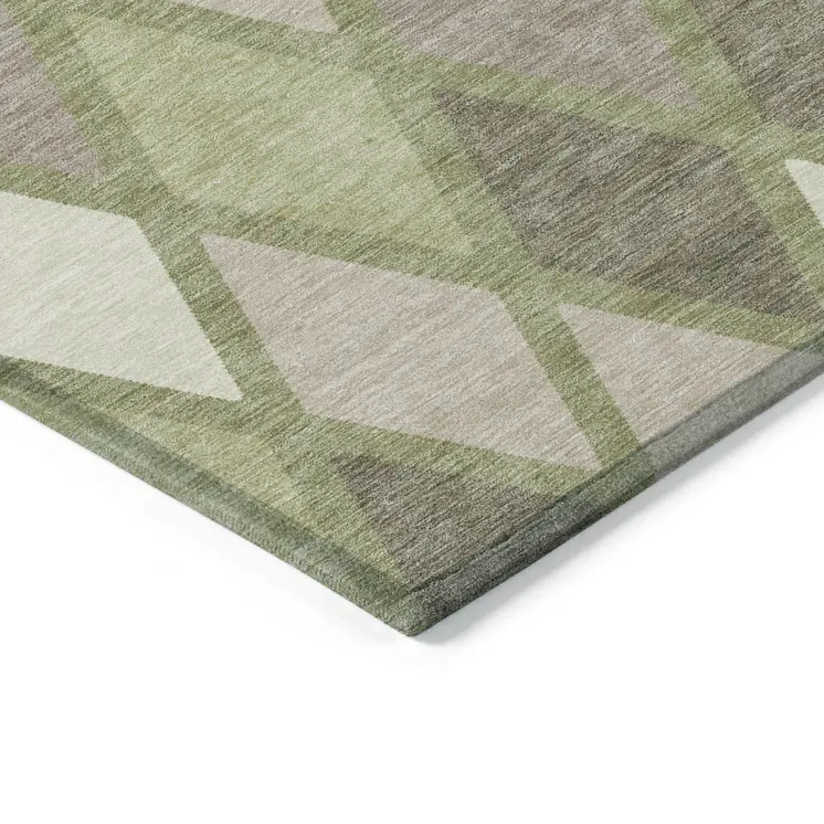 10' X 14' Artichoke Green Beige And Ivory Geometric Washable Indoor Outdoor Area Rug