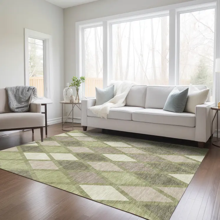 10' X 14' Artichoke Green Beige And Ivory Geometric Washable Indoor Outdoor Area Rug