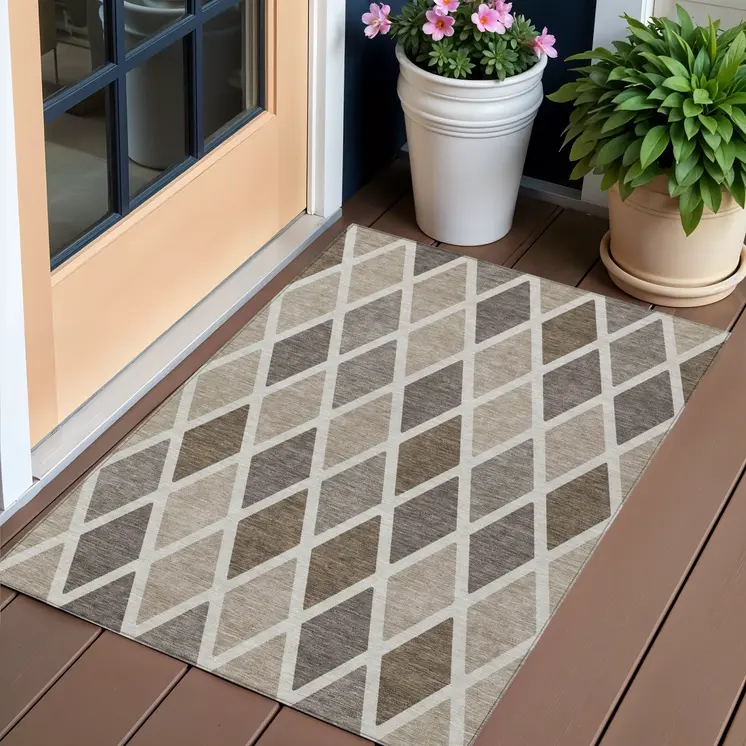 3' X 5' Beige Gray And Brown Geometric Washable Indoor Outdoor Area Rug