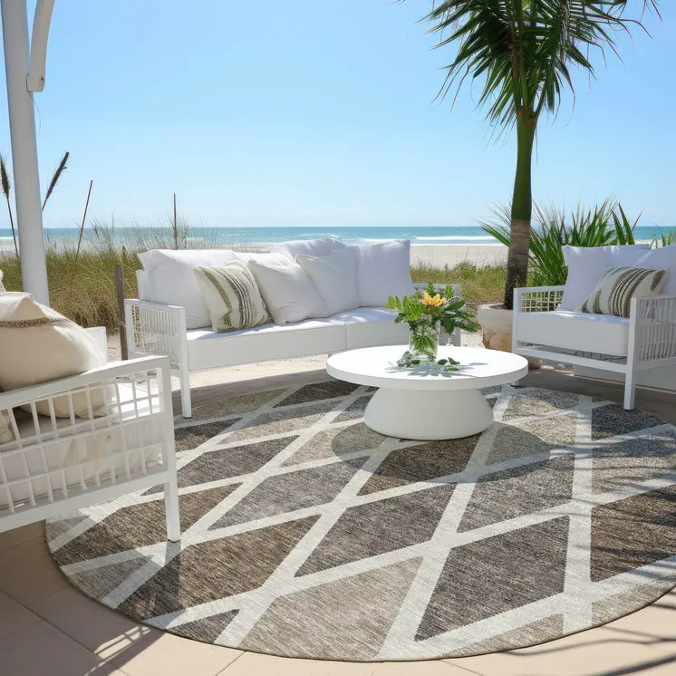 8' Beige Gray And Brown Round Geometric Washable Indoor Outdoor Area Rug