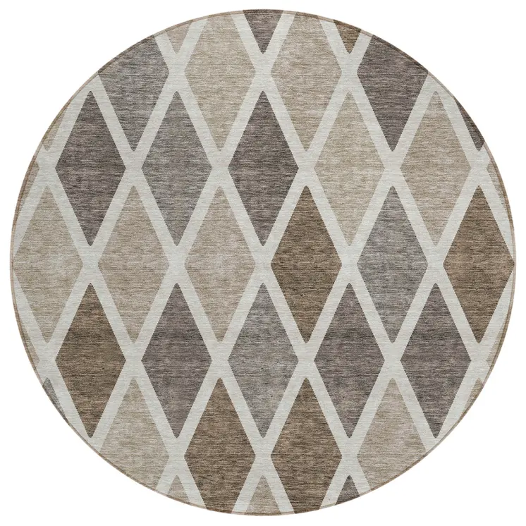 8' Beige Gray And Brown Round Geometric Washable Indoor Outdoor Area Rug