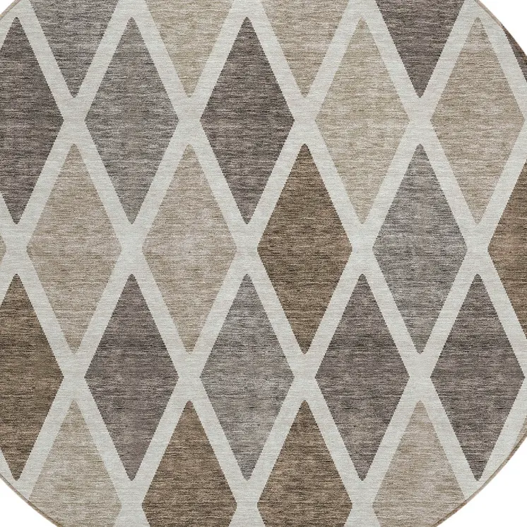8' Beige Gray And Brown Round Geometric Washable Indoor Outdoor Area Rug