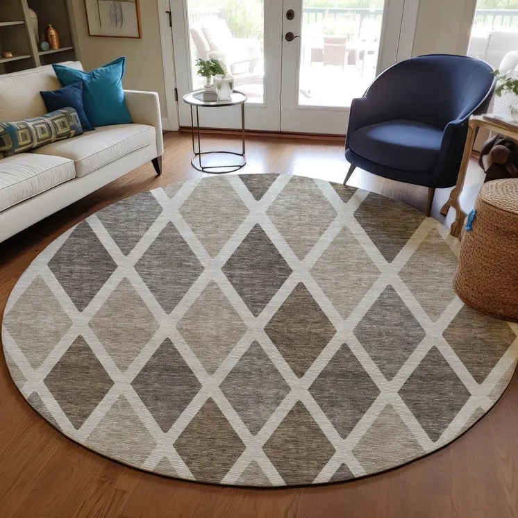 8' Beige Gray And Brown Round Geometric Washable Indoor Outdoor Area Rug
