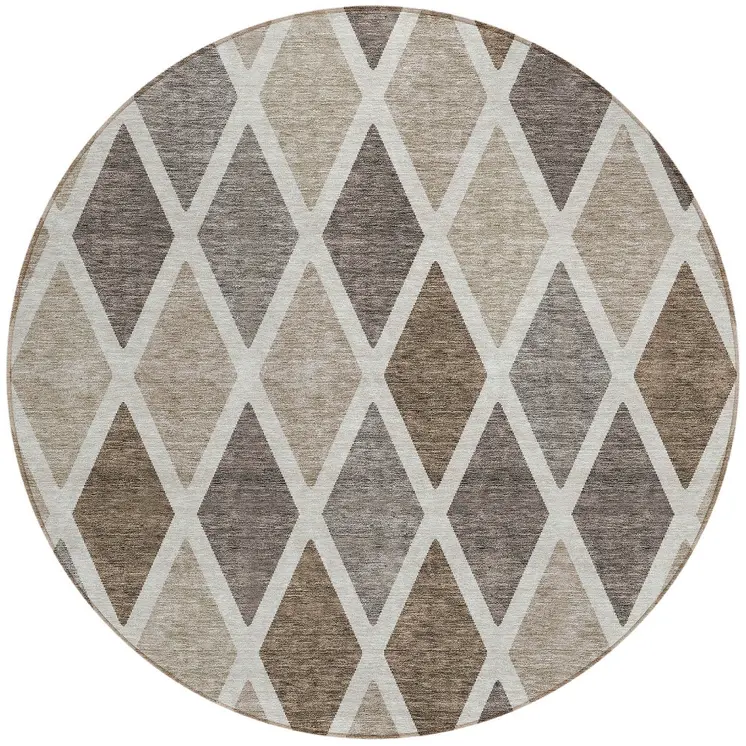 8' Beige Gray And Brown Round Geometric Washable Indoor Outdoor Area Rug