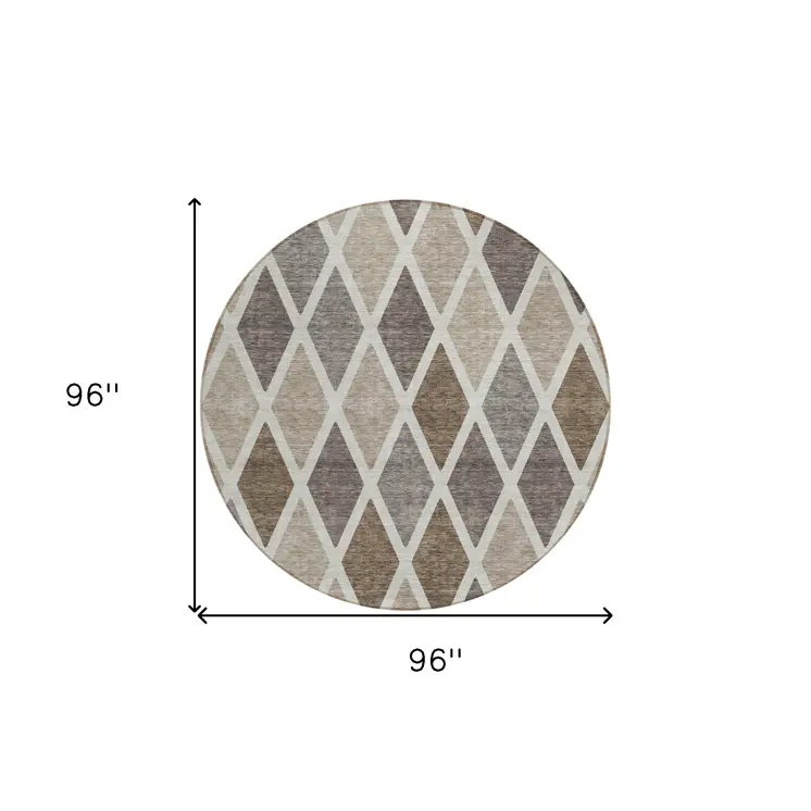 8' Beige Gray And Brown Round Geometric Washable Indoor Outdoor Area Rug