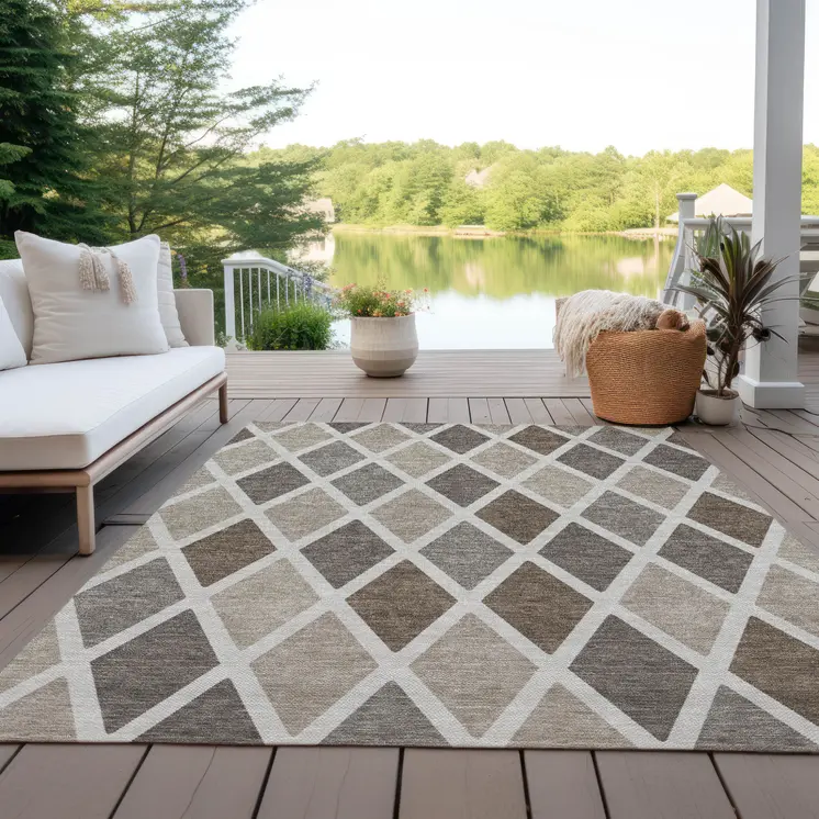 8' X 10' Beige Gray And Brown Geometric Washable Indoor Outdoor Area Rug