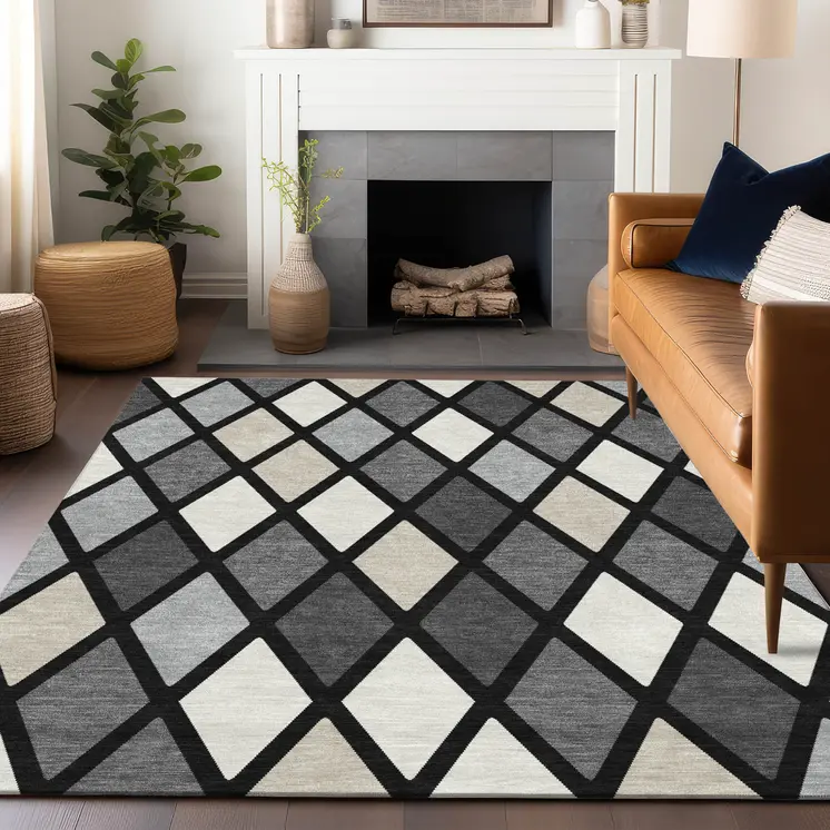 3' X 5' Black Gray And Ivory Geometric Washable Indoor Outdoor Area Rug