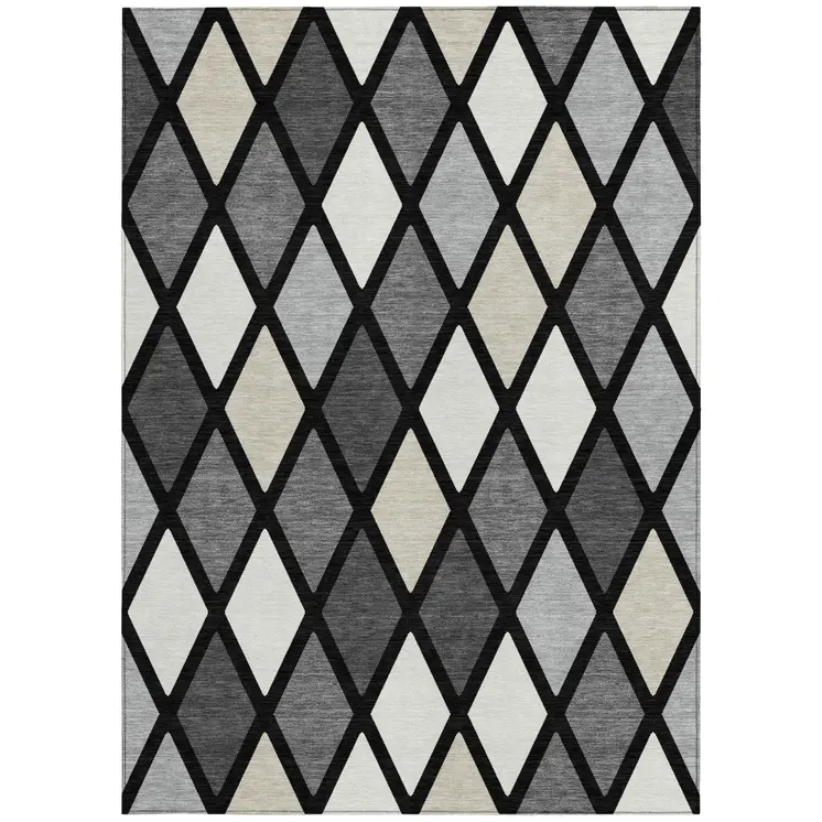 5' X 8' Black Gray And Ivory Geometric Washable Indoor Outdoor Area Rug